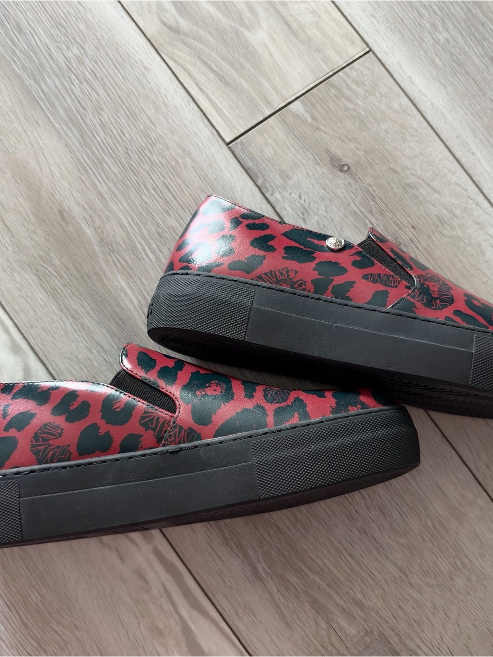 Versus By Versace Red and Black Leopard-Print Slip-On Flats